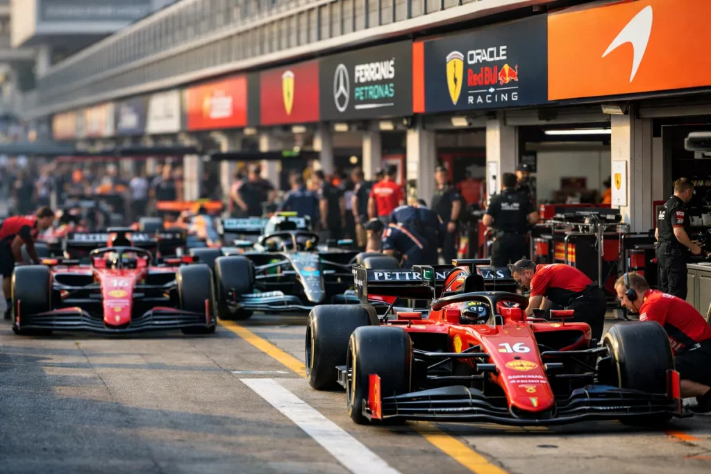 Coches de F1 de diferentes escuderías alineados en el pit lane antes de la carrera