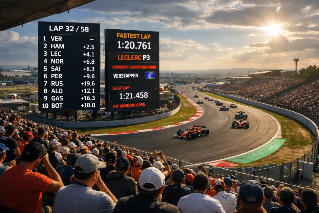 Pantallas gigantes en un circuito de F1 mostrando posiciones en tiempo real