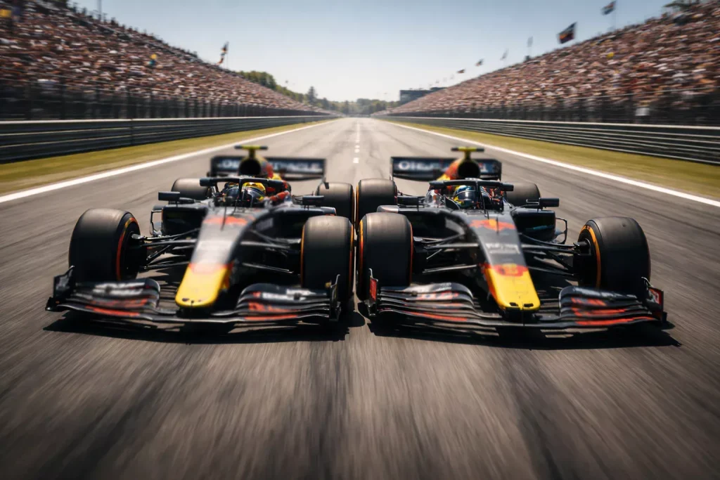 Dos monoplazas de F1 del mismo equipo luchando codo a codo en recta