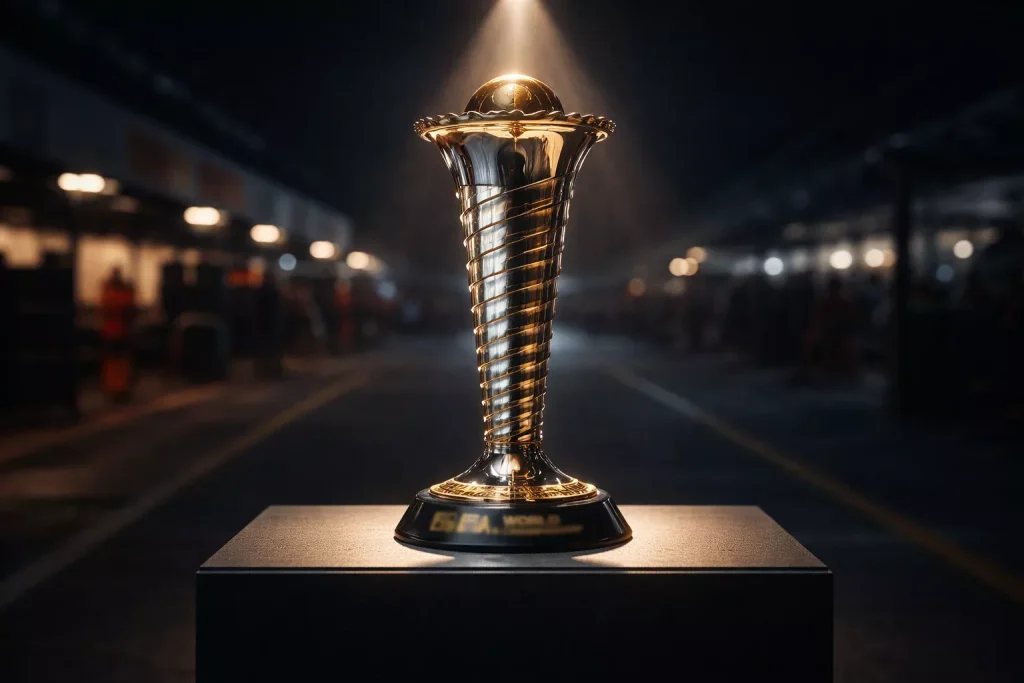 Trofeo del campeonato mundial de Fórmula 1 sobre un podio iluminado