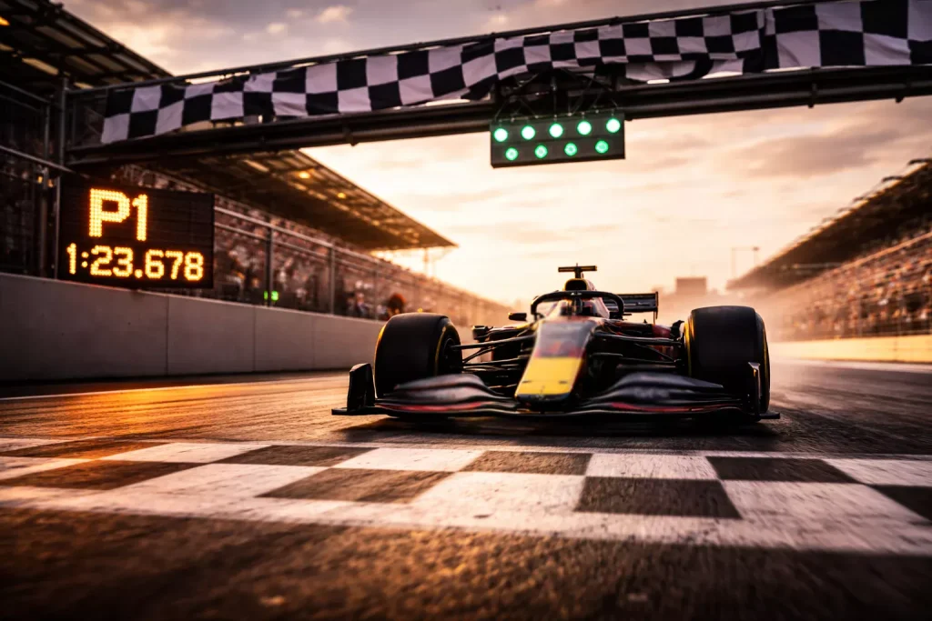 Monoplaza de F1 cruzando la línea de meta en clasificación con el mejor tiempo