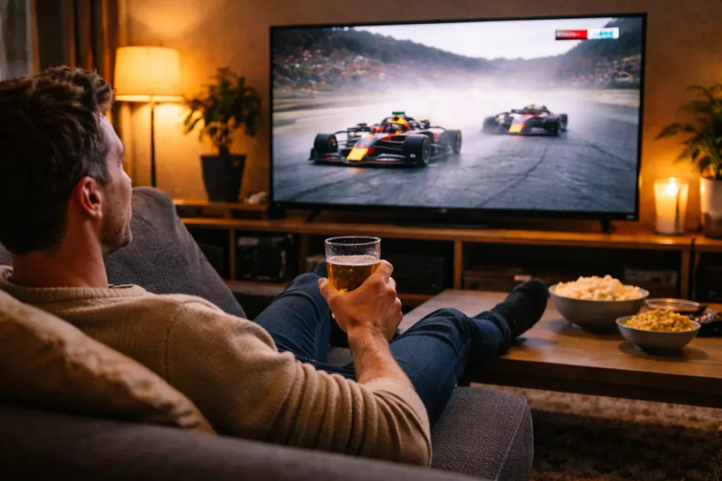 Persona disfrutando de una carrera de F1 en televisión de forma relajada