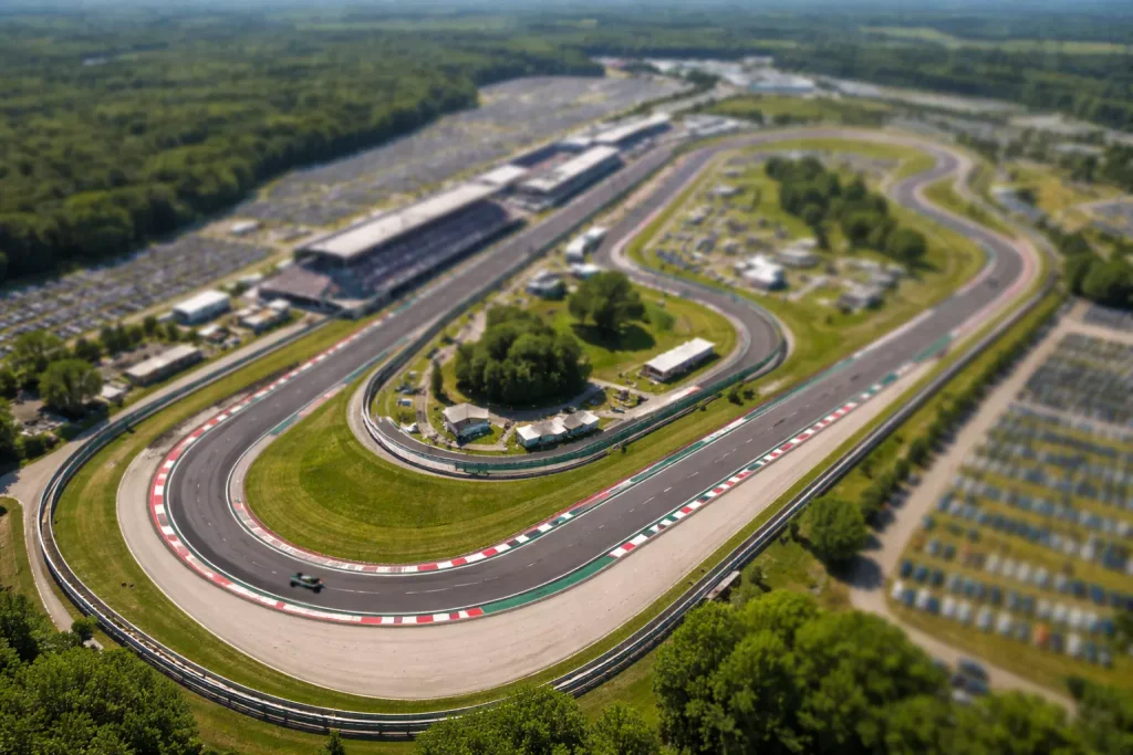 Vista aérea de un circuito de Fórmula 1 con el mapa del trazado visible