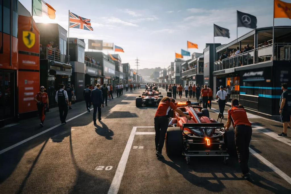 Equipos de F1 trabajando en sus coches en el paddock con banderas de escuderías