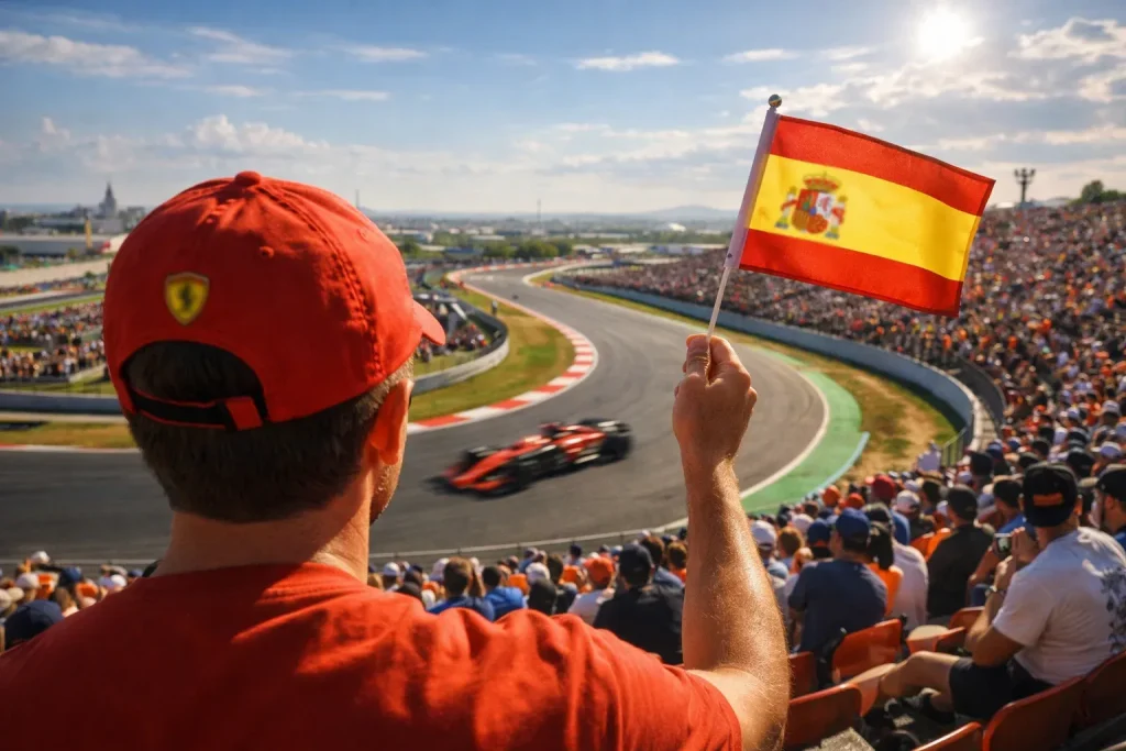 Aficionado español viendo una carrera de F1 desde la grada con bandera española