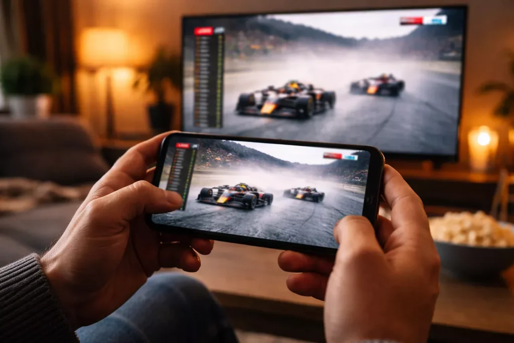 Persona siguiendo una carrera de F1 en su móvil con una aplicación de apuestas