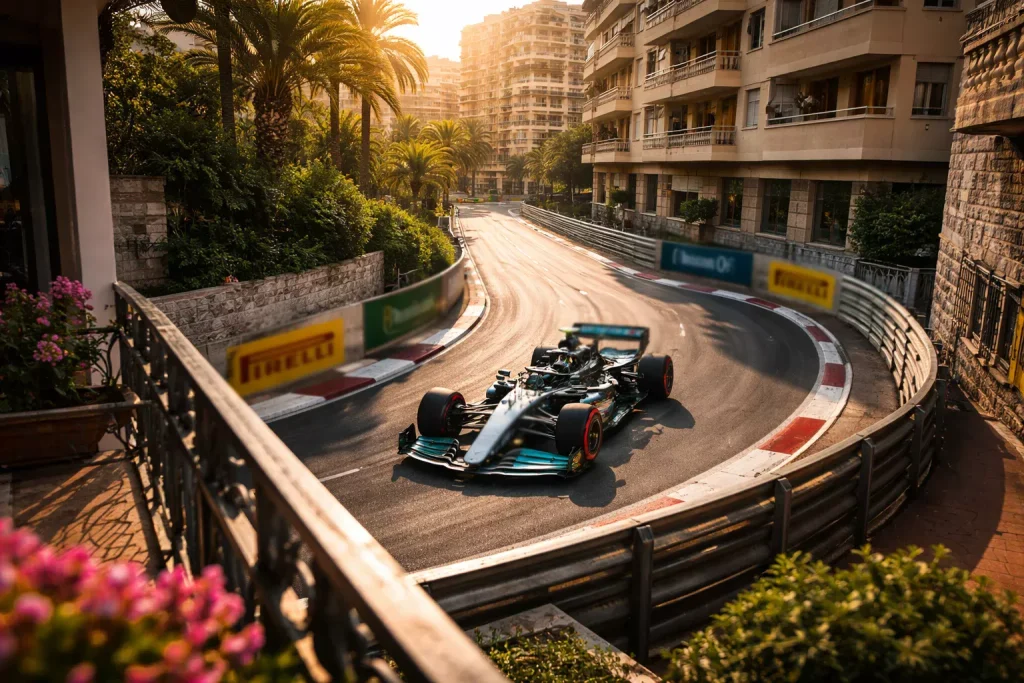 Monoplaza de F1 recorriendo un circuito urbano rodeado de edificios y barreras