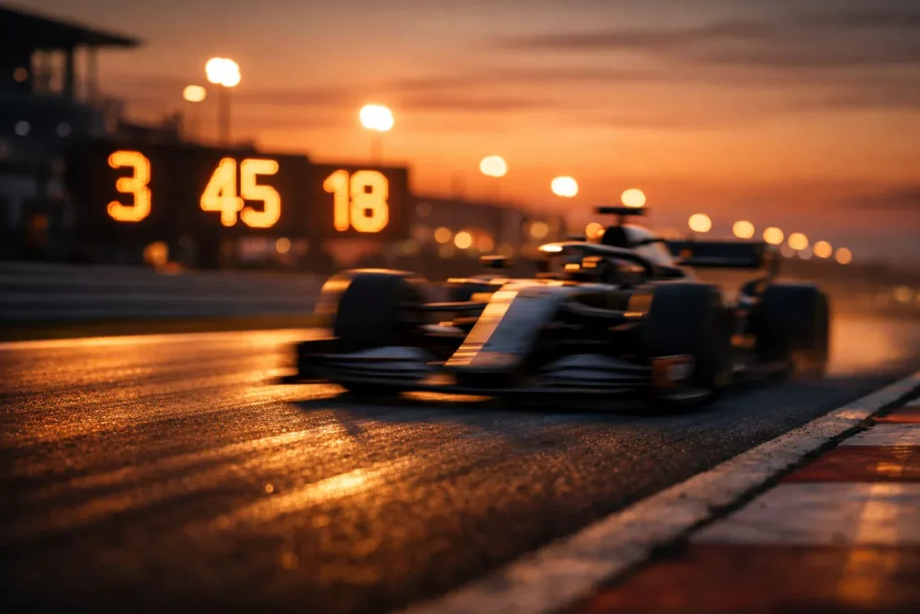 Monoplaza de Fórmula 1 en pista con pantallas de cuotas al fondo