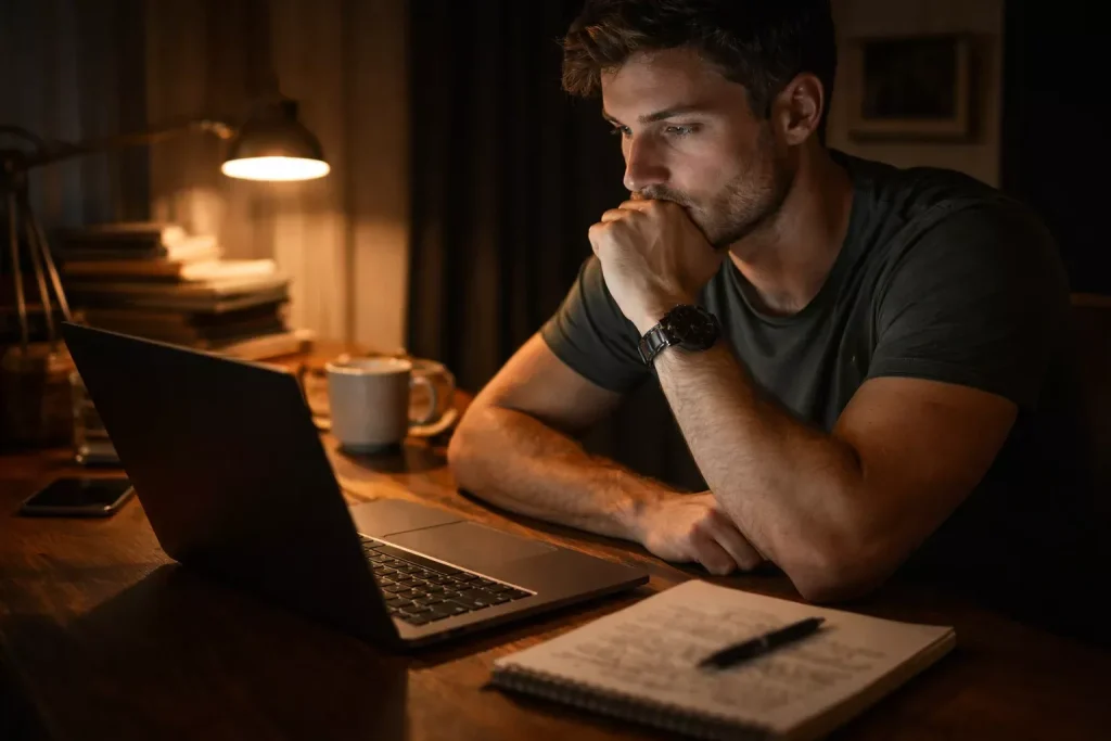 Persona pensativa frente a una pantalla analizando datos antes de apostar