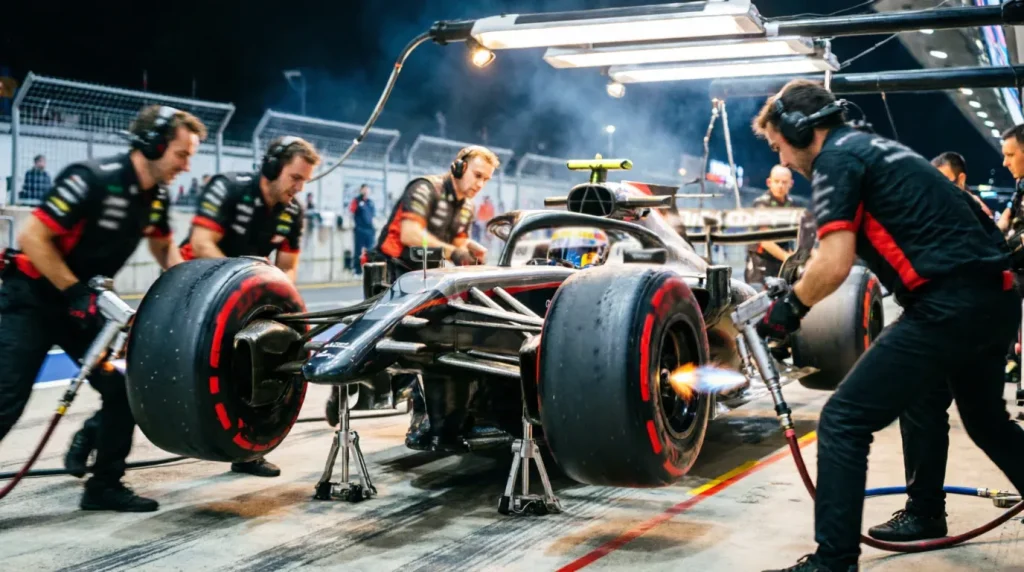 Mecánicos de F1 realizando un cambio de neumáticos durante una parada en boxes