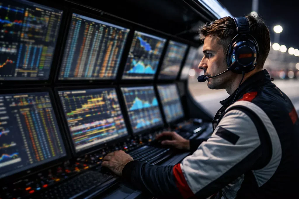 Ingeniero de F1 analizando datos de telemetría en monitores del pit wall