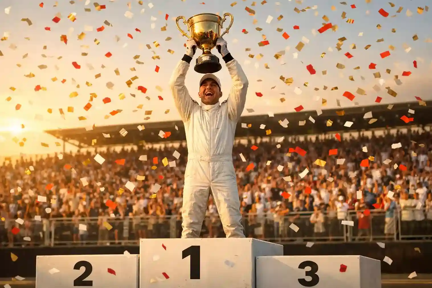 Piloto de F1 levantando el trofeo en el podio tras ganar la carrera