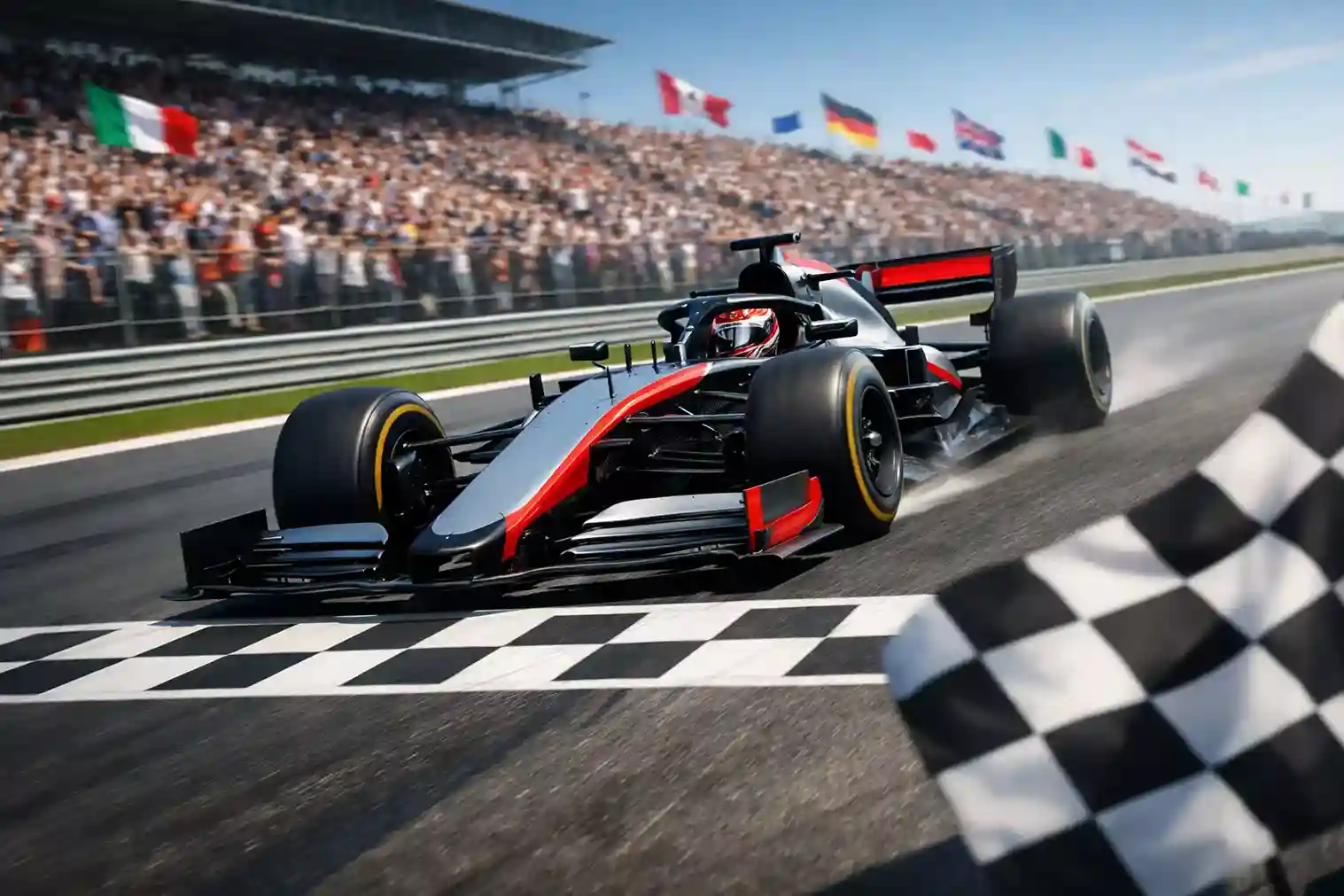 Monoplaza de Fórmula 1 cruzando la línea de meta con público celebrando en las gradas
