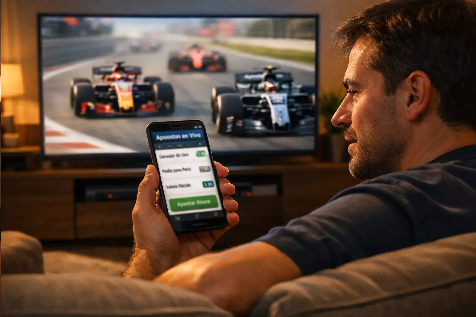 Aficionado viendo carrera de F1 en directo en televisión con smartphone en mano