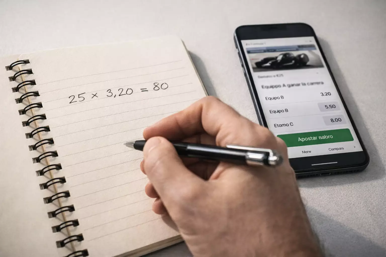 Mano escribiendo c&aacute;lculos de apuestas en libreta junto a smartphone con app de apuestas