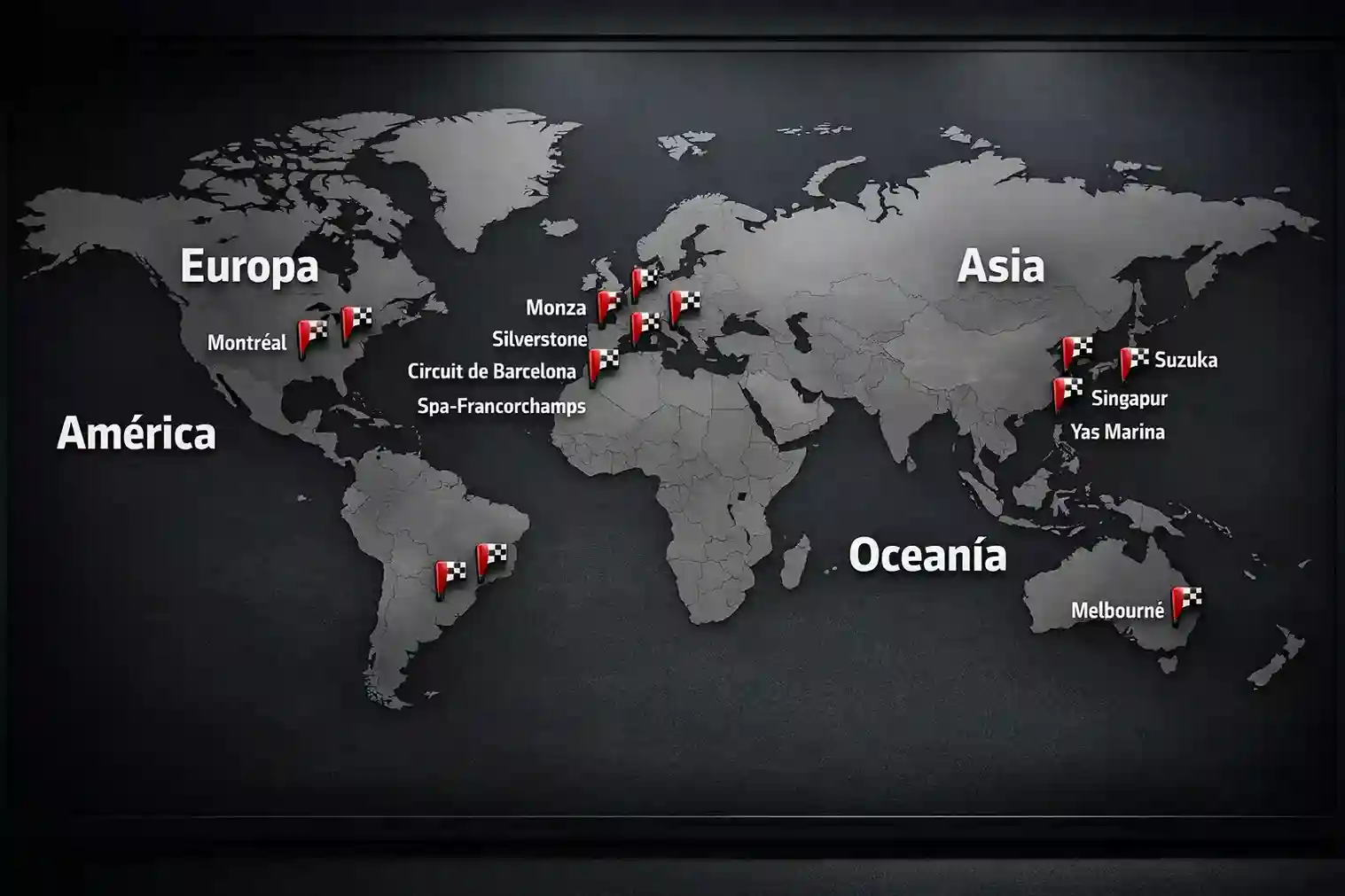 Mapa mundial con ubicaciones de los Grandes Premios de F1 2026 señalizadas