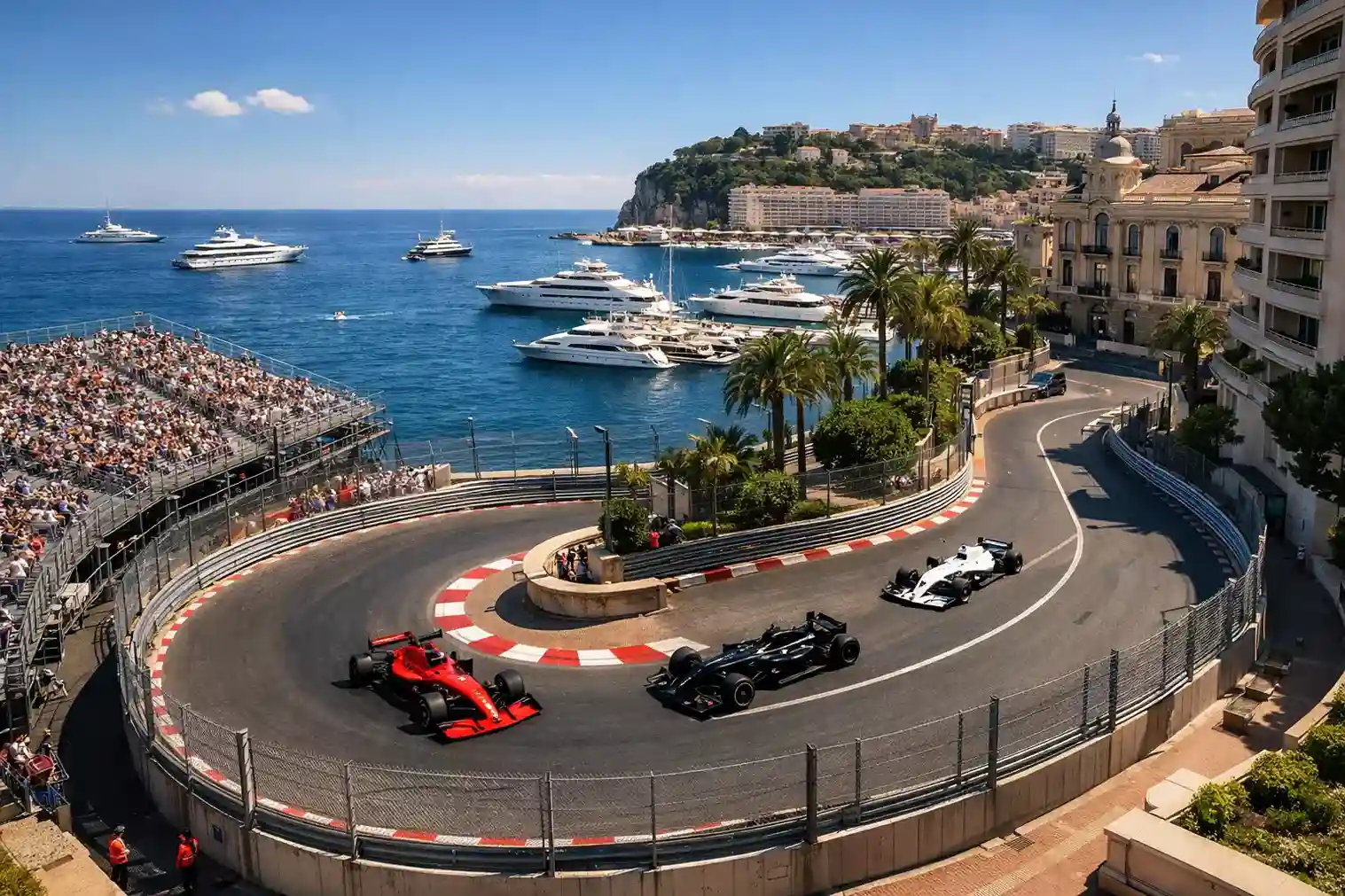 Vista aérea del circuito urbano de Mónaco con monoplazas de Fórmula 1 en competición
