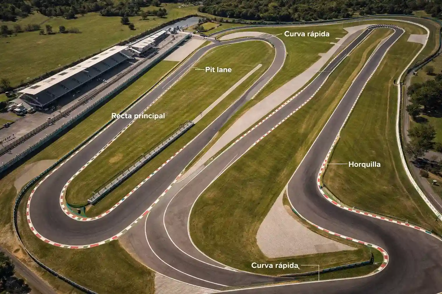 Vista a&eacute;rea de circuito de F&oacute;rmula 1 con curvas de alta velocidad