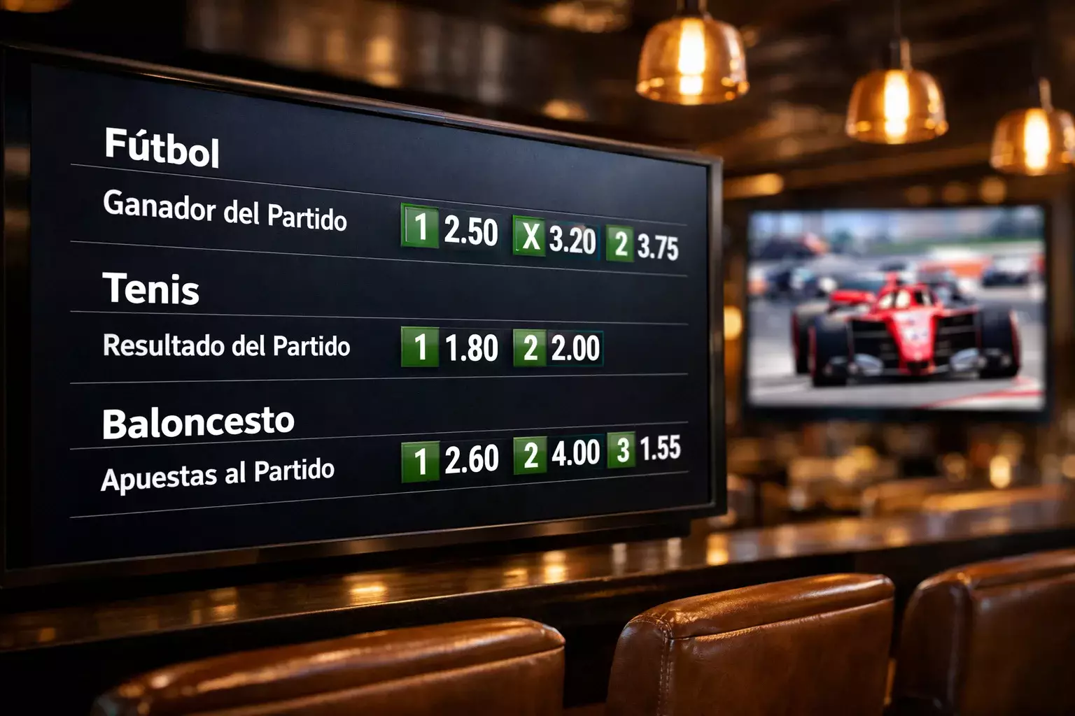 Pantalla mostrando cuotas de apuestas con monoplaza de F1 de fondo