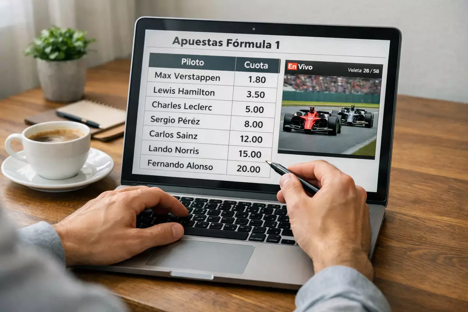 Persona analizando datos de cuotas de F1 en ordenador port&aacute;til