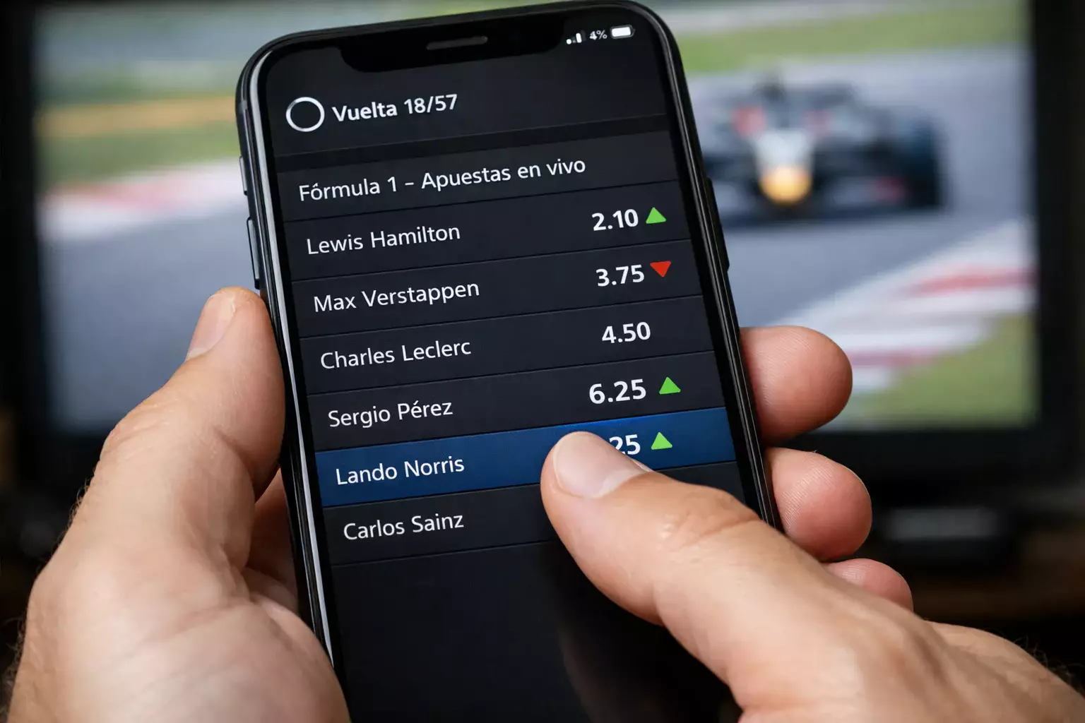 Aplicaci&oacute;n m&oacute;vil mostrando cuotas de F1 actualiz&aacute;ndose en directo