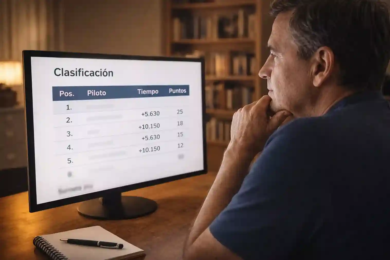 Persona reflexionando frente a pantalla con resultados de carreras de F1