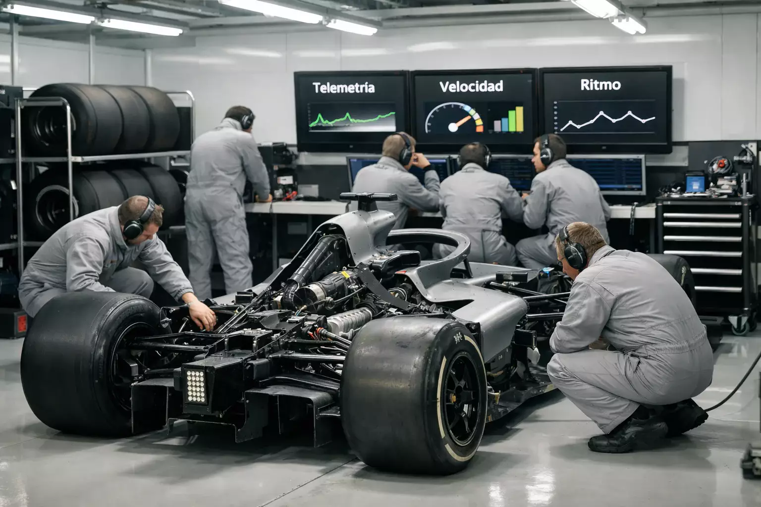 Equipo de Fórmula 1 trabajando en boxes durante sesión de entrenamientos libres