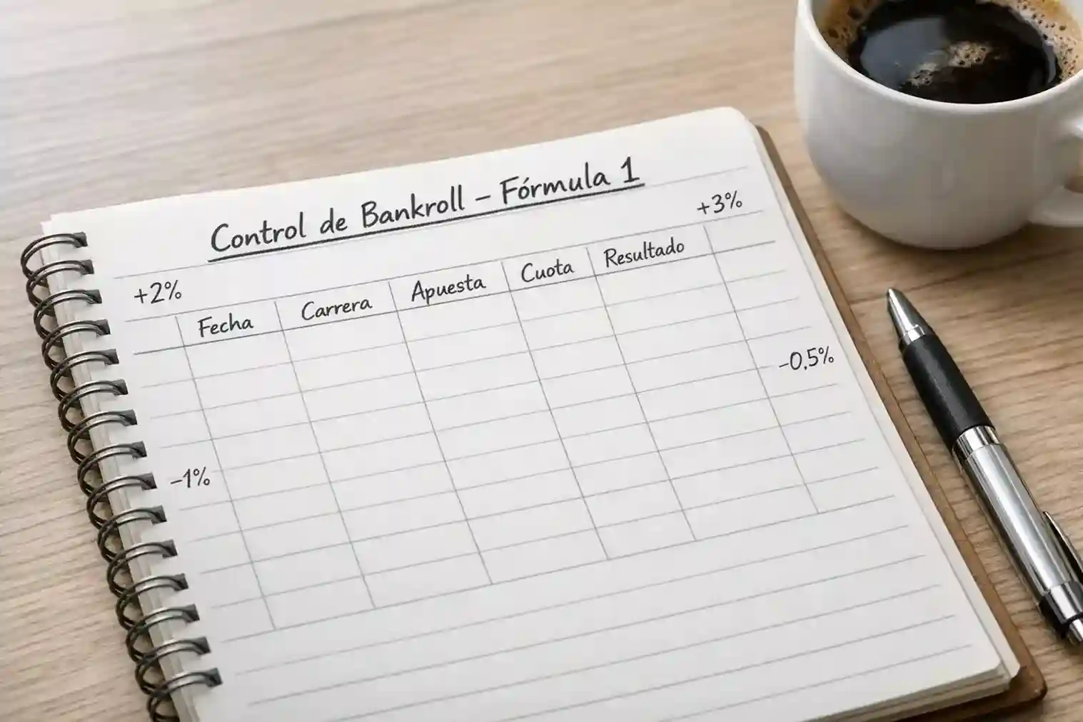 Libreta con registro de apuestas y porcentajes junto a bol&iacute;grafo