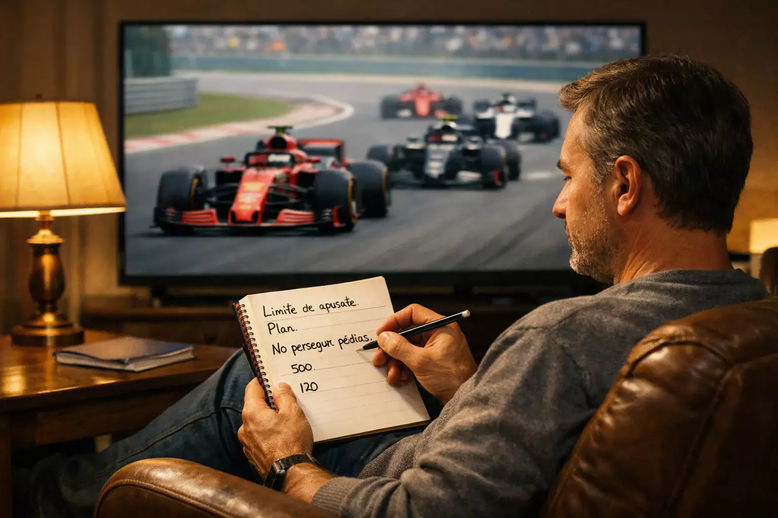 Persona tomando notas mientras ve carrera de F1 en pantalla grande