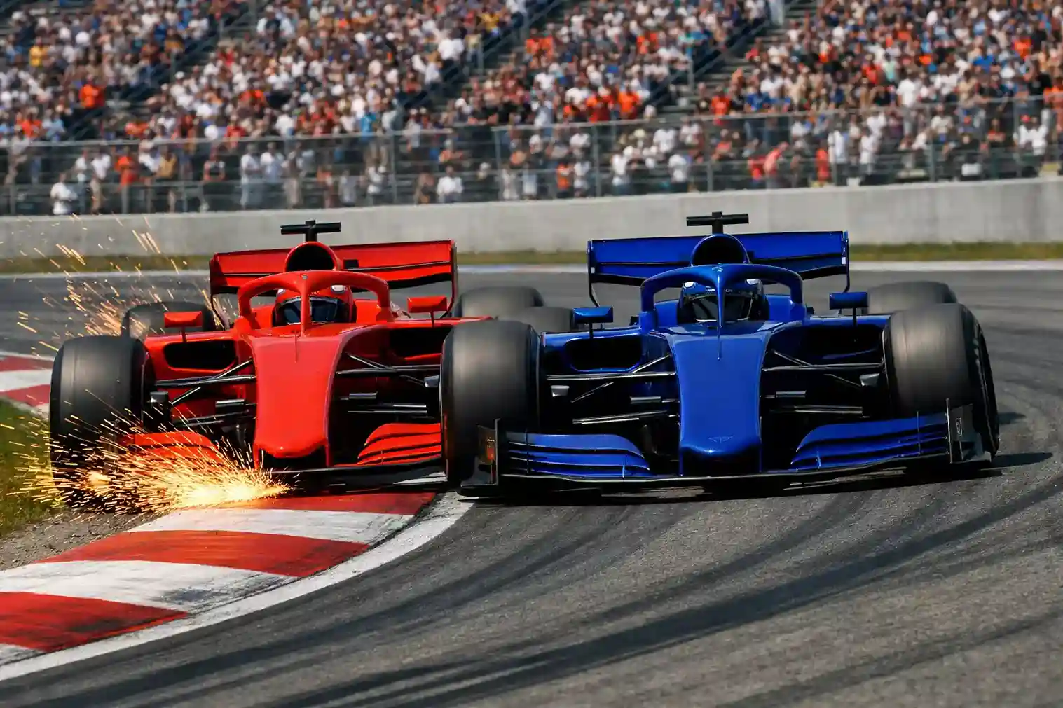 Dos monoplazas de F1 compitiendo rueda a rueda en una curva