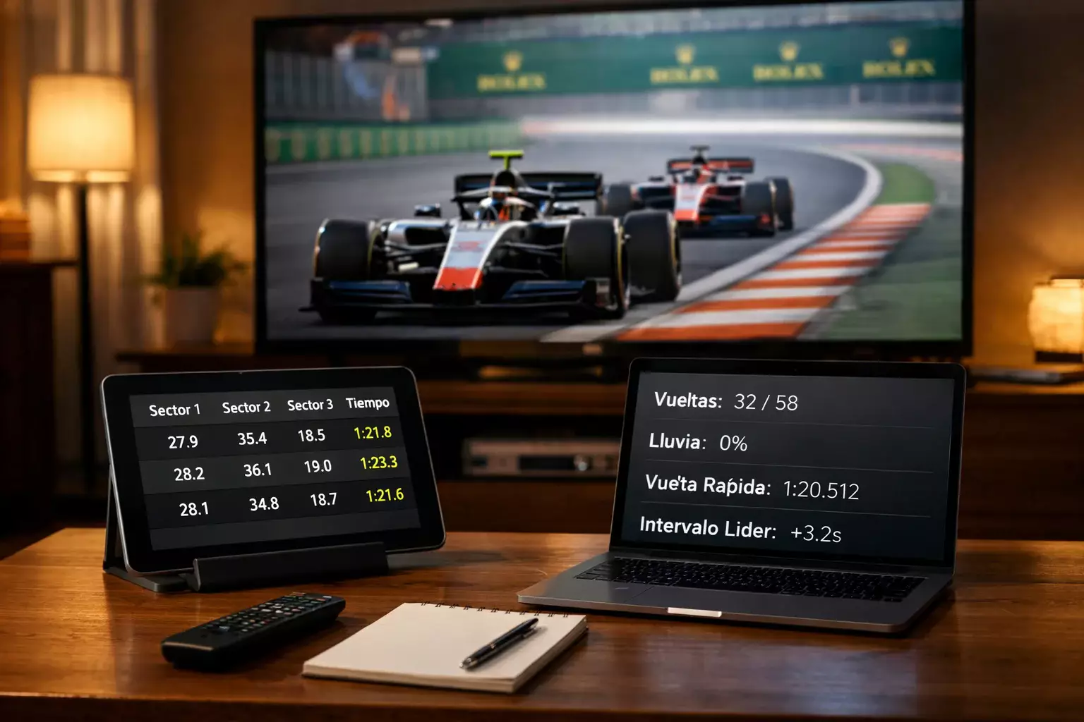 Setup con televisi&oacute;n mostrando carrera y tablet con datos de timing