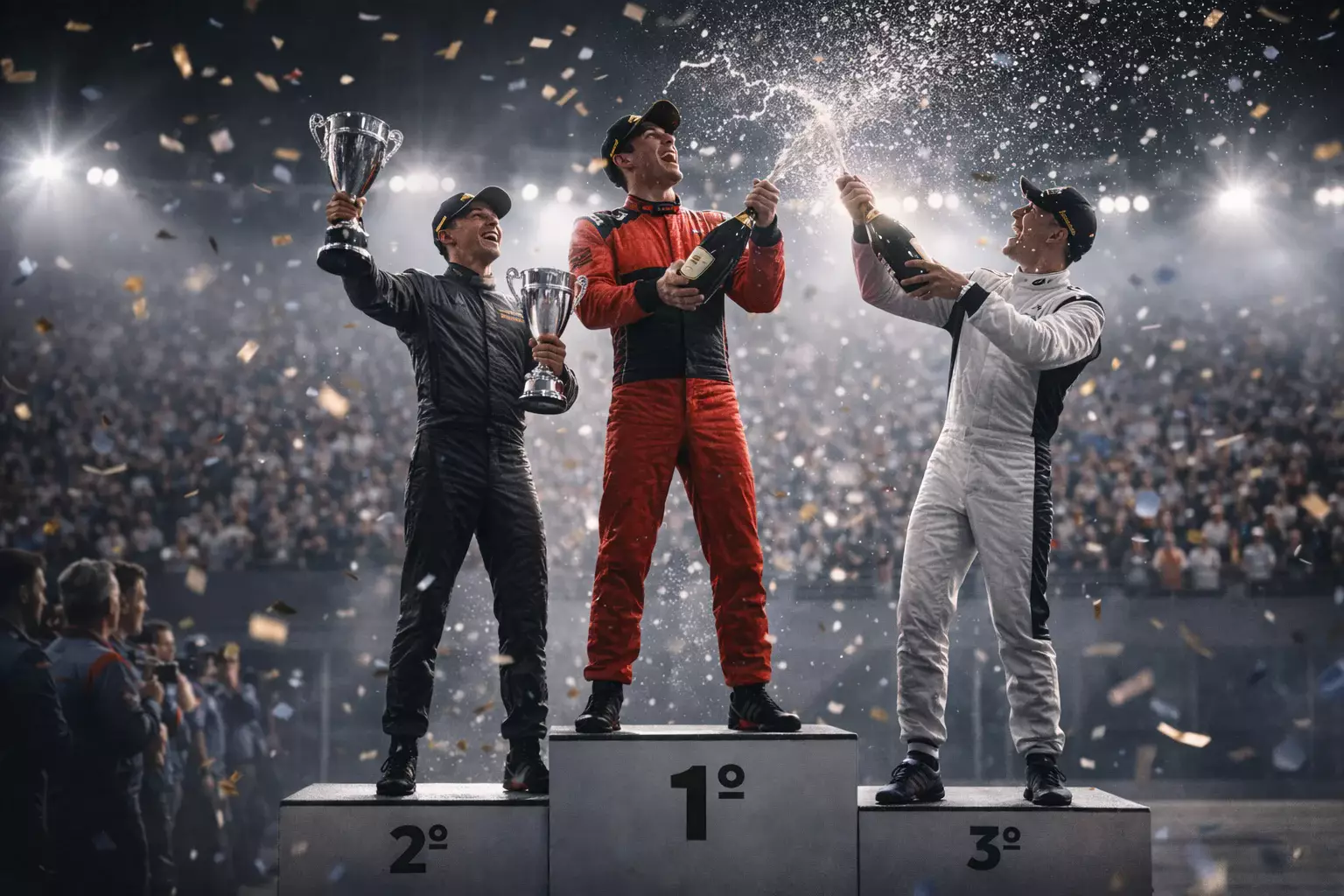 Pilotos de Fórmula 1 celebrando en el podio con trofeos y champán tras Gran Premio