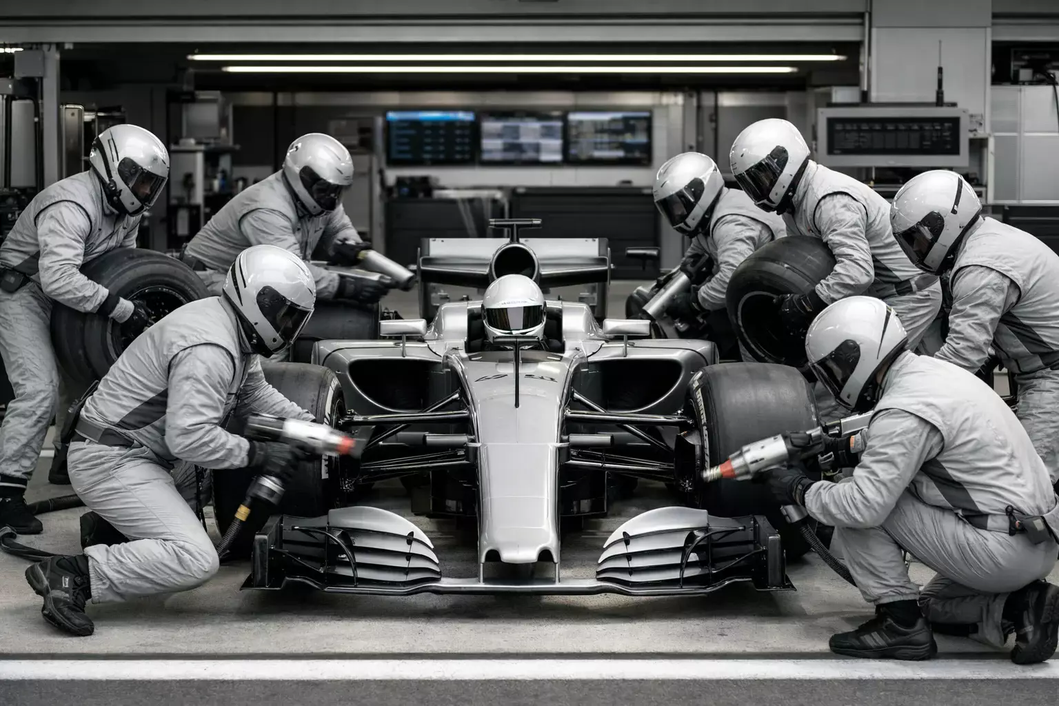 Mec&aacute;nicos realizando pit stop a monoplaza de F1 con cambio de neum&aacute;ticos