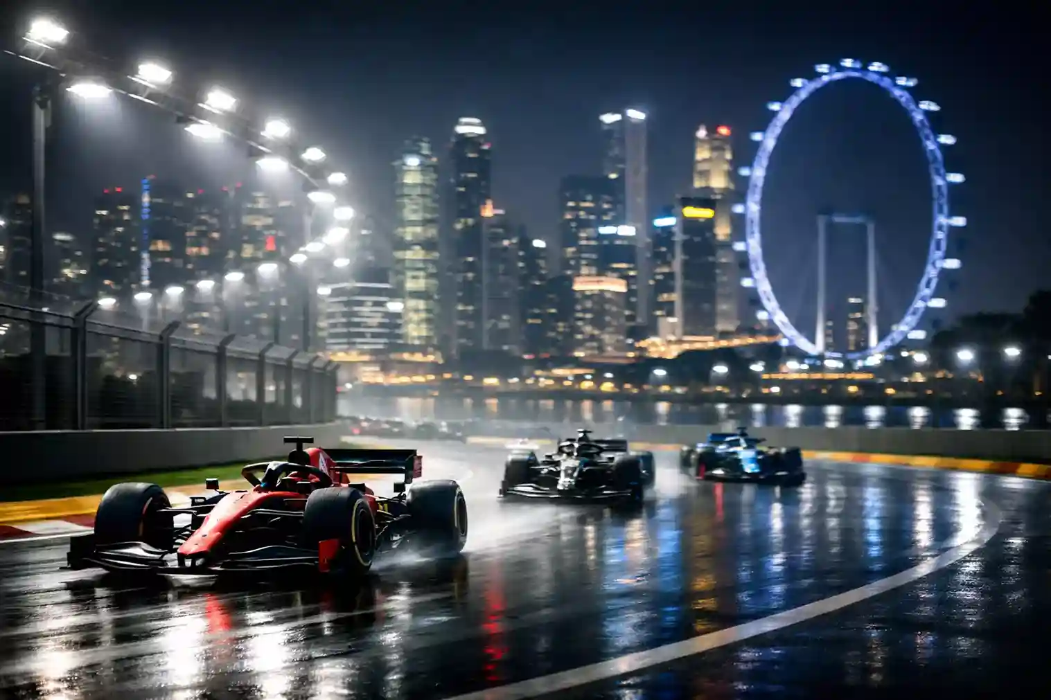 Circuito urbano de Singapur iluminado de noche con monoplazas compitiendo