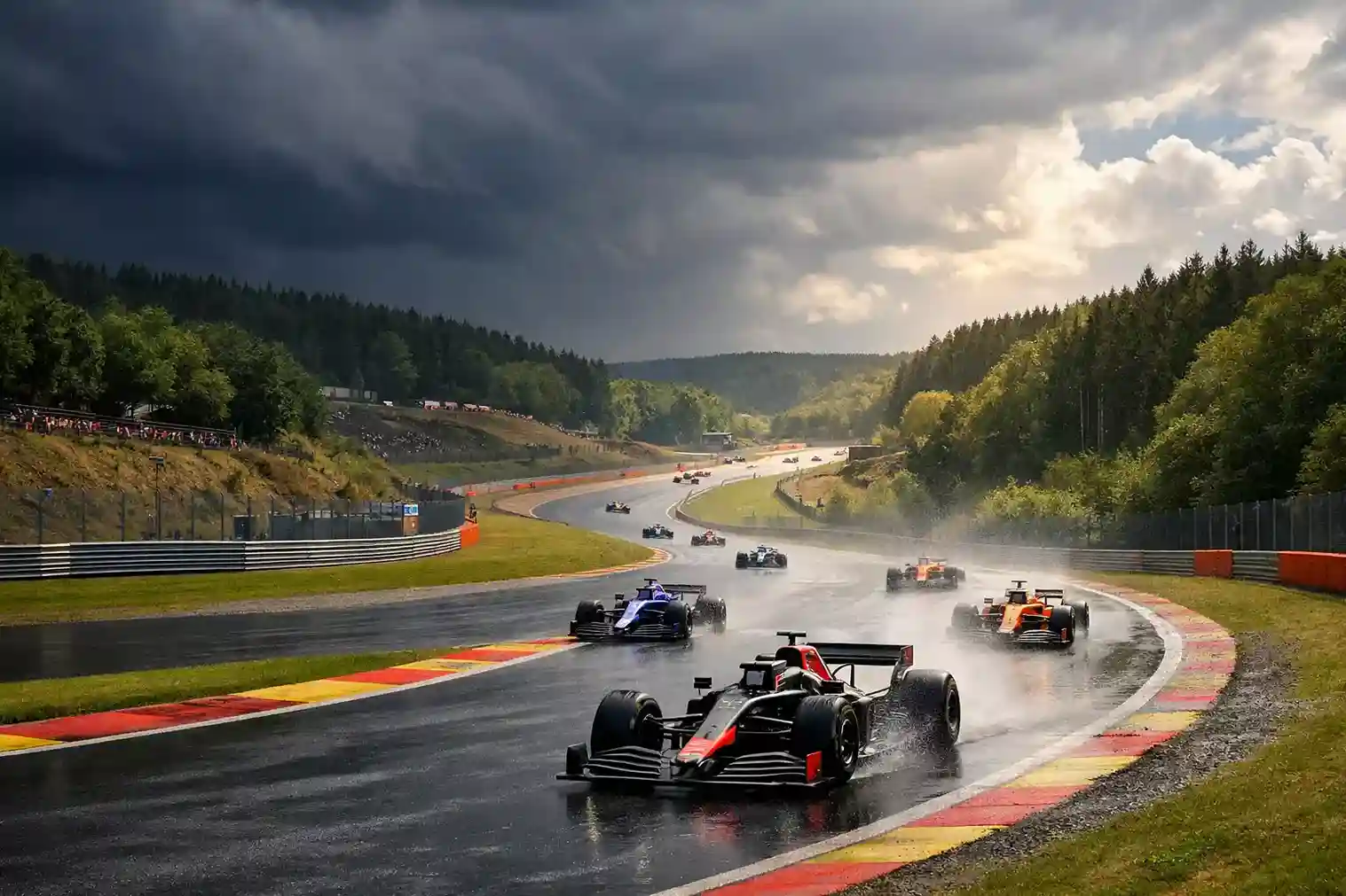 Carrera de F1 en Spa-Francorchamps con cielo nublado amenazando lluvia