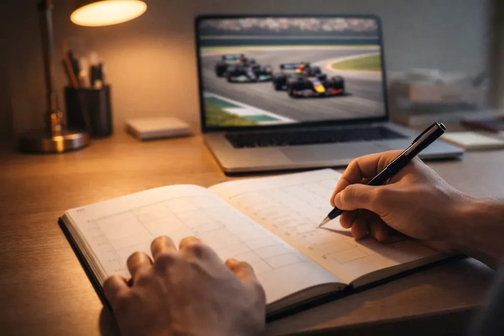Persona organizando un plan de apuestas con un cuaderno y notas junto a una pantalla de F1