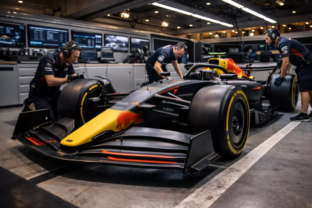 Monoplaza de F1 de nueva generación 2026 en el pit lane mostrando su diseño