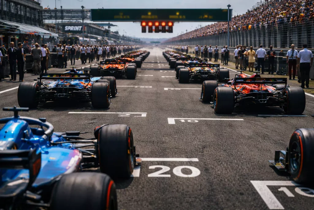 Parrilla de salida de F1 con los monoplazas posicionados y marcas de puesto