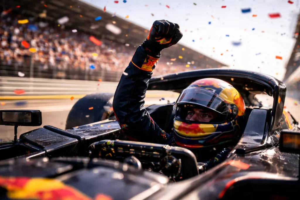 Joven piloto de F1 celebrando un resultado sorpresa desde el cockpit