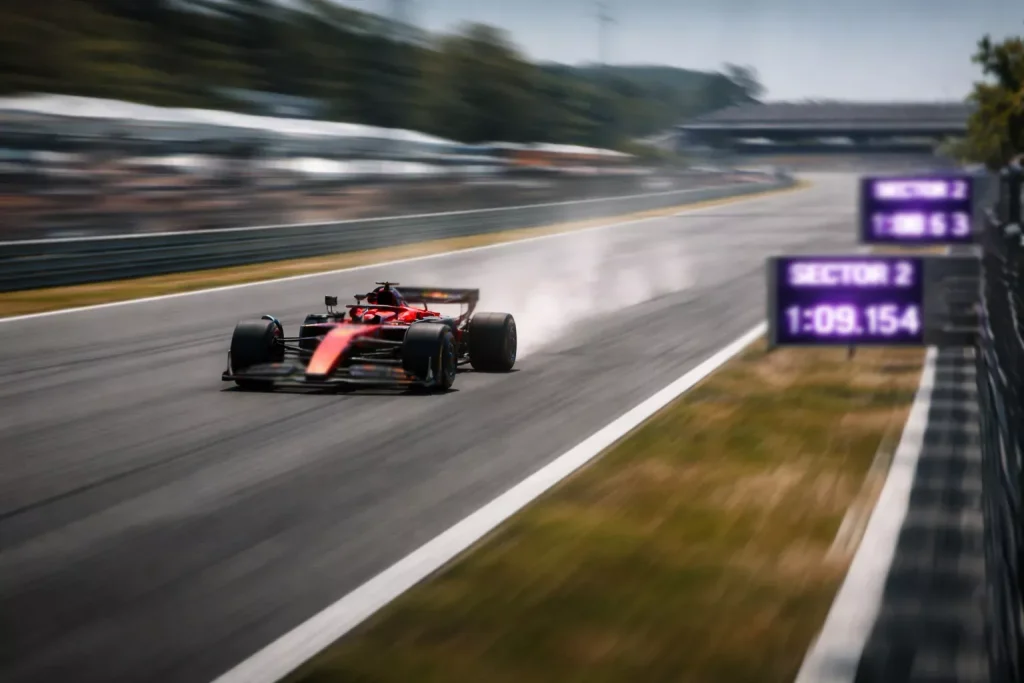 Monoplaza de F1 a máxima velocidad en una recta con efecto de velocidad